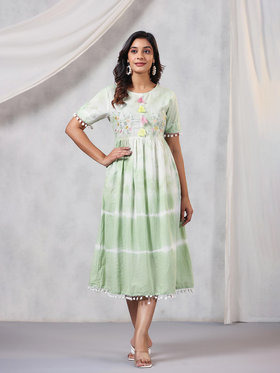 

Amirah s Tie & Dye Embroidery Pleated Cotton Fit & Flare Dress, Green