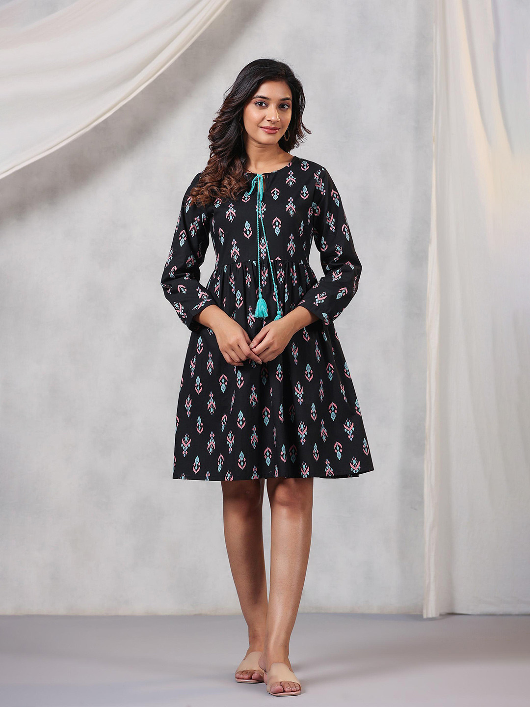 

Amirah s Floral Print Tie-Up Neck Cuffed Pleated Cotton Fit & Flare Dress, Black
