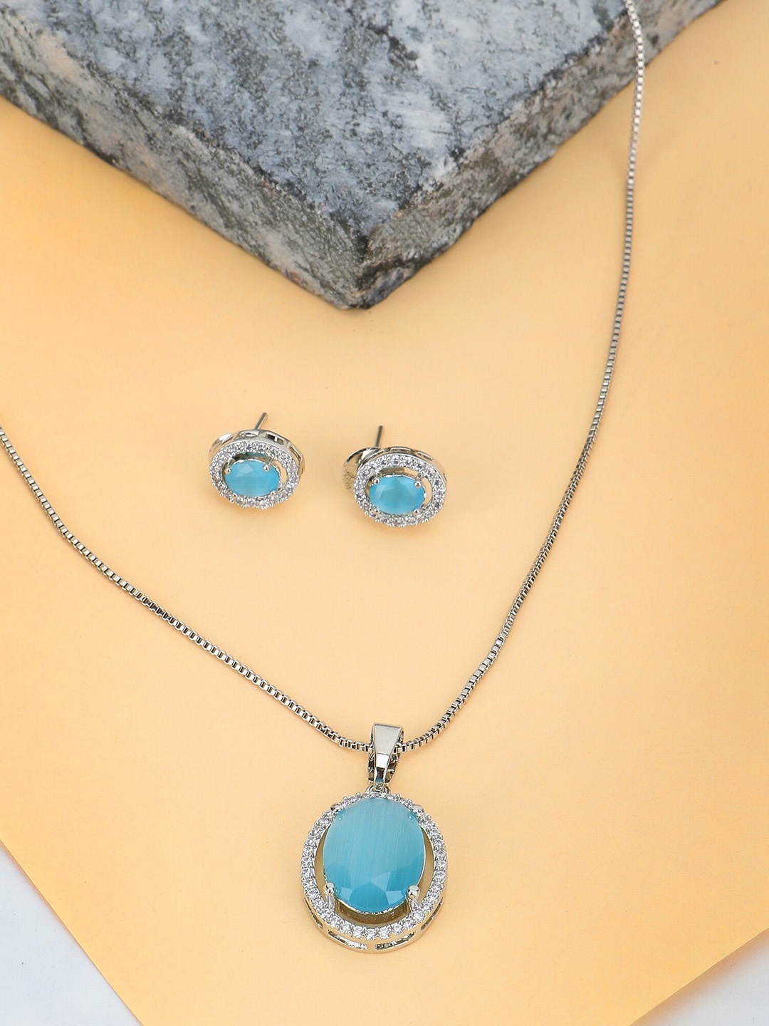 

Adwitiya Collection Rhodium Plated AD Studded Necklace & Earrings, Silver