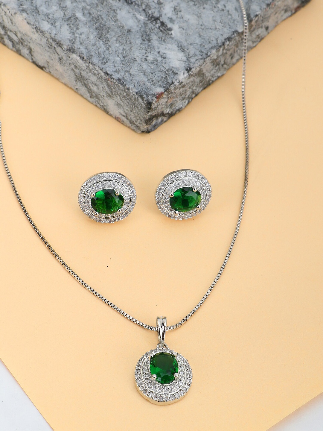 

Adwitiya Collection Rhodium-Plated AD Stone-Studded Pendant & Earrings, Silver