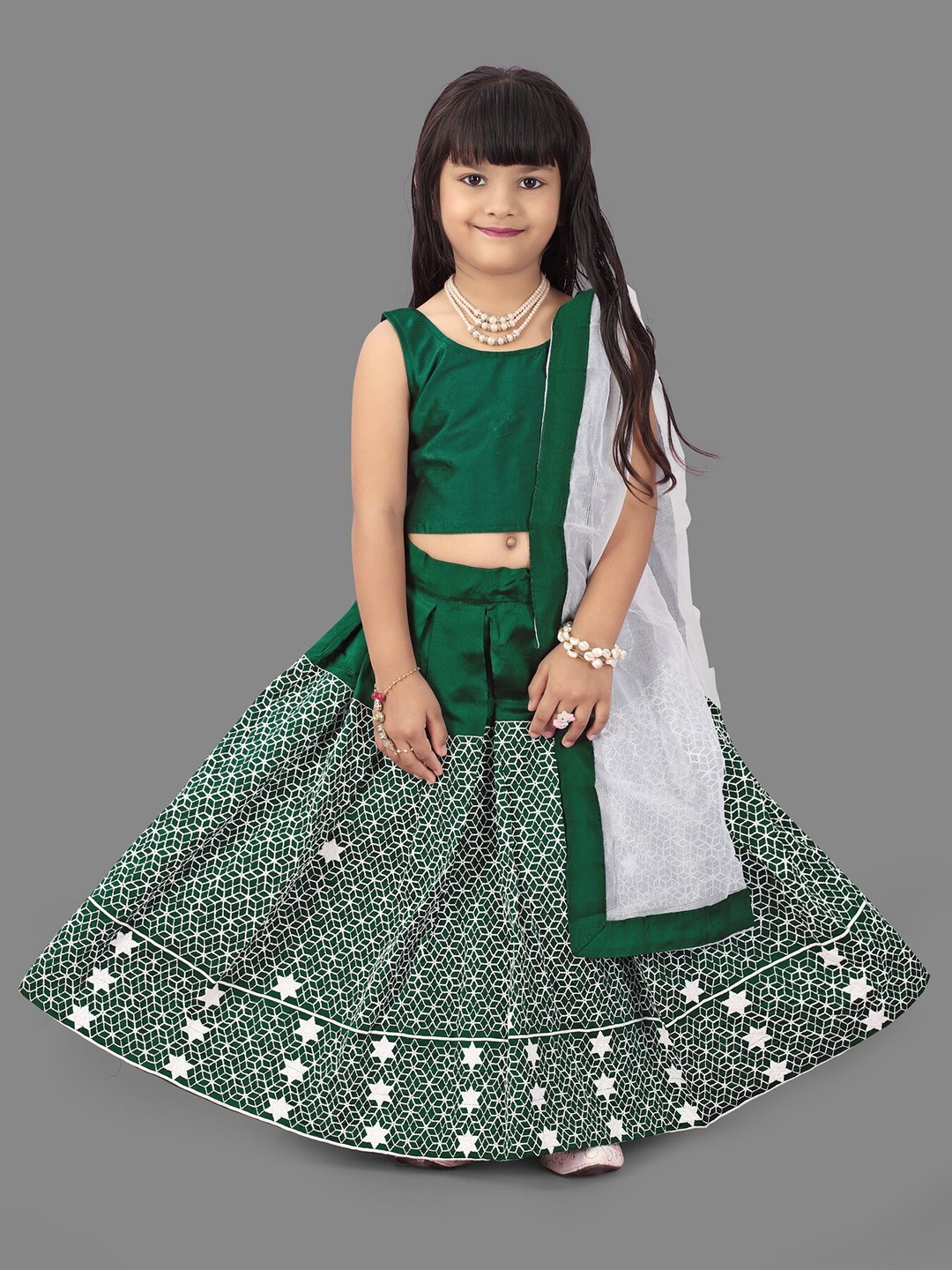 

BAESD Girls Green & White Ready to Wear Lehenga & Blouse With Dupatta