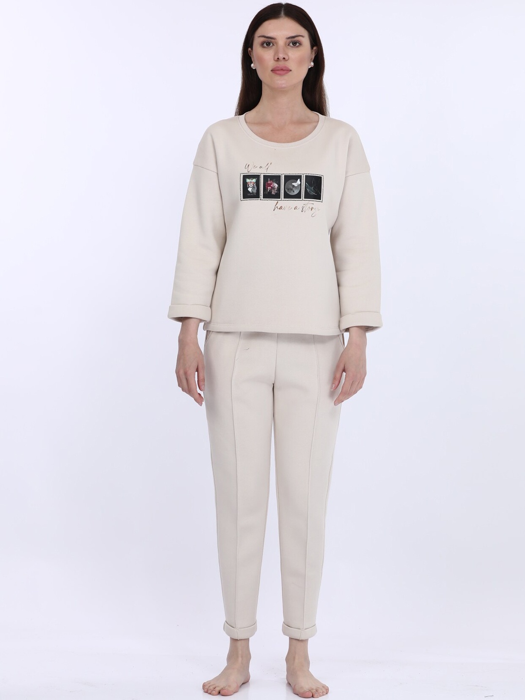 

MAYSIXTY Graphic Printed Top With Trouser Night Suit, Beige