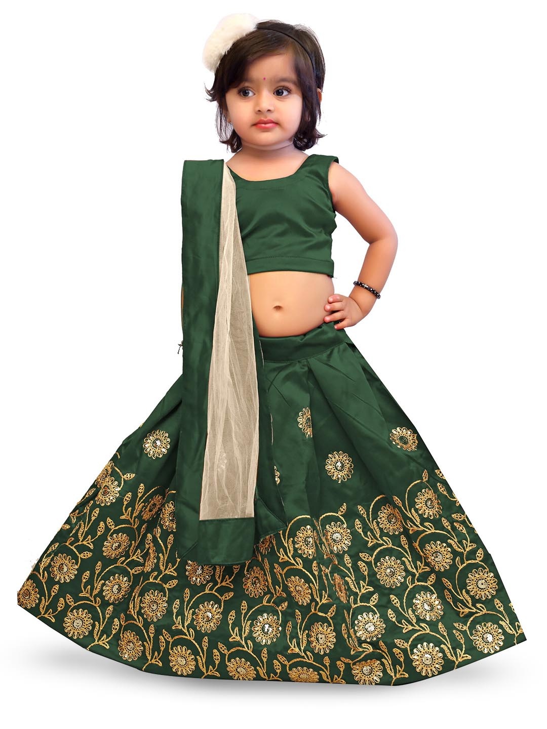 

BAESD Girls Floral Embroidered Sequinned Ready to Wear Lehenga & Blouse With Dupatta, Green