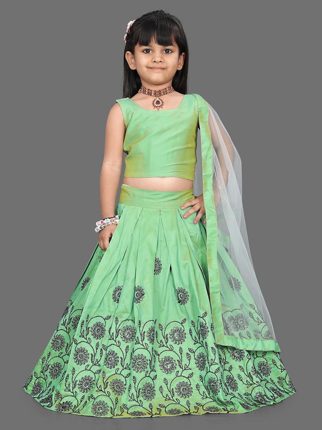 

BAESD Girls Floral Embroidered Sequinned Ready to Wear Lehenga & Blouse With Dupatta, Sea green