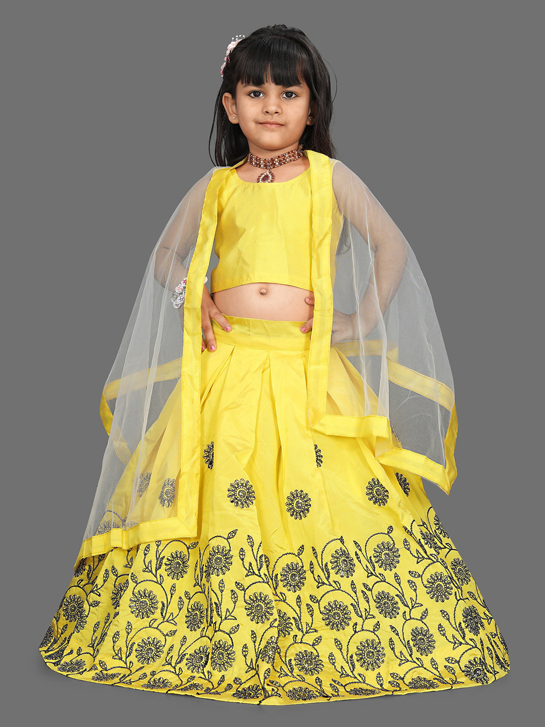 

BAESD Girls Embroidered Thread Work Ready to Wear Lehenga & Blouse With Dupatta, Yellow