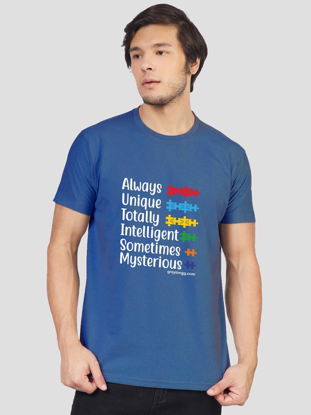 

Greylongg Typography Printed Round Neck T-shirt, Blue