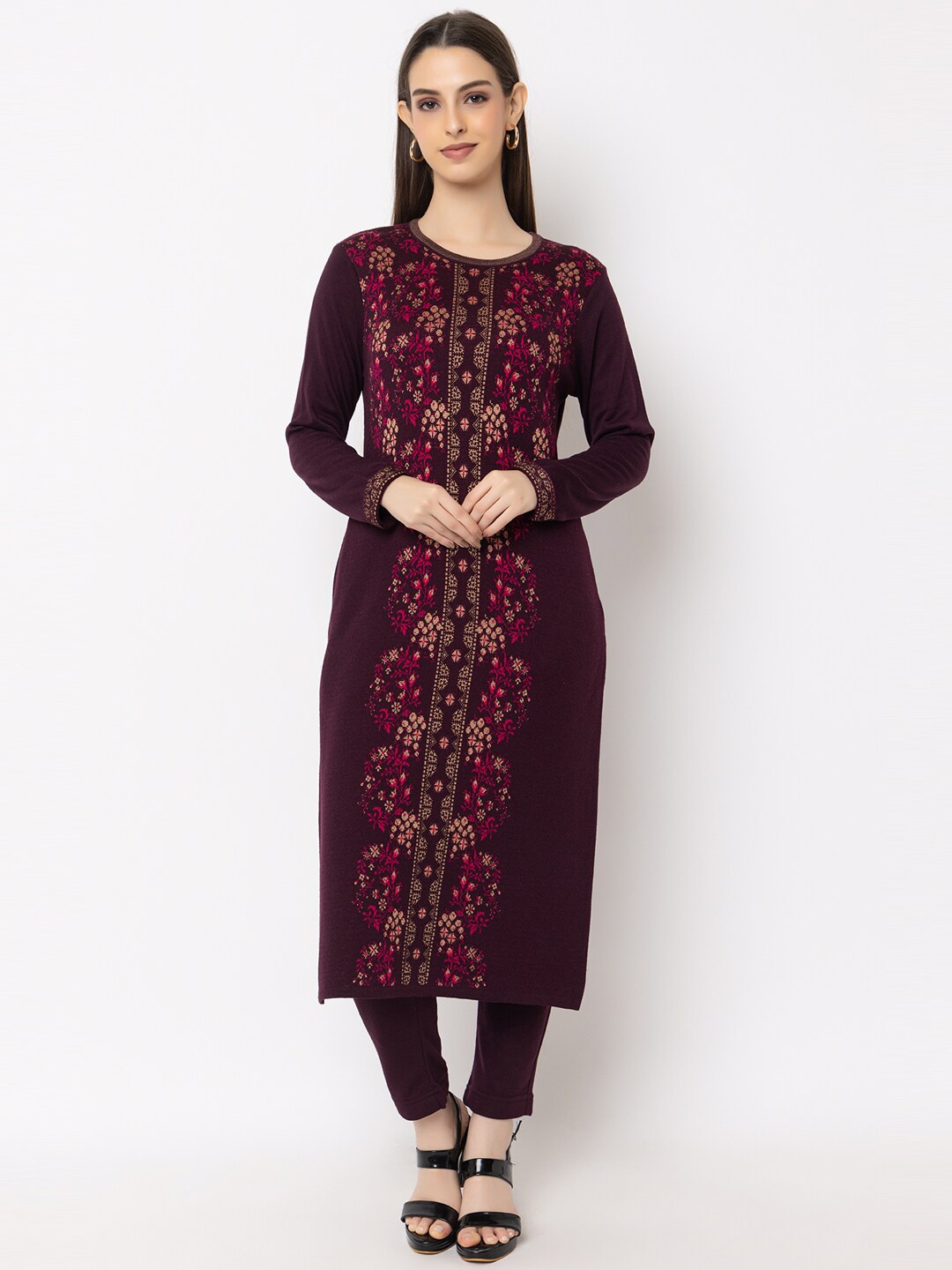 

KEIKO Floral Woven Design Straight Kurta With Trousers, Maroon