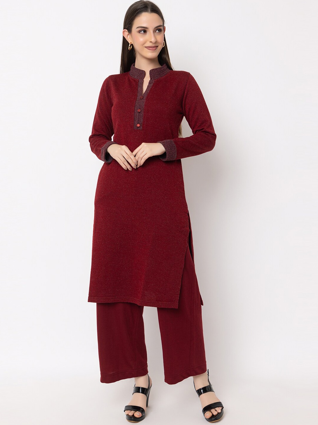 

KEIKO Mandarin Collar Straight Kurta With Trousers, Maroon