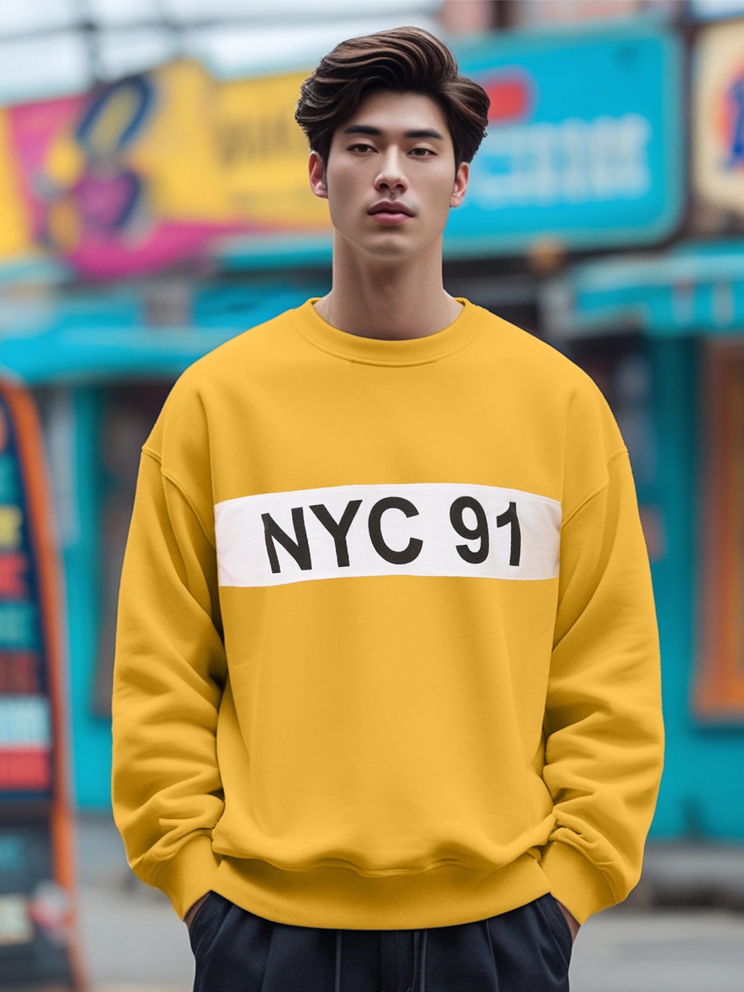 

Leotude Typography Printed Pullover Fleece Sweatshirt, Mustard