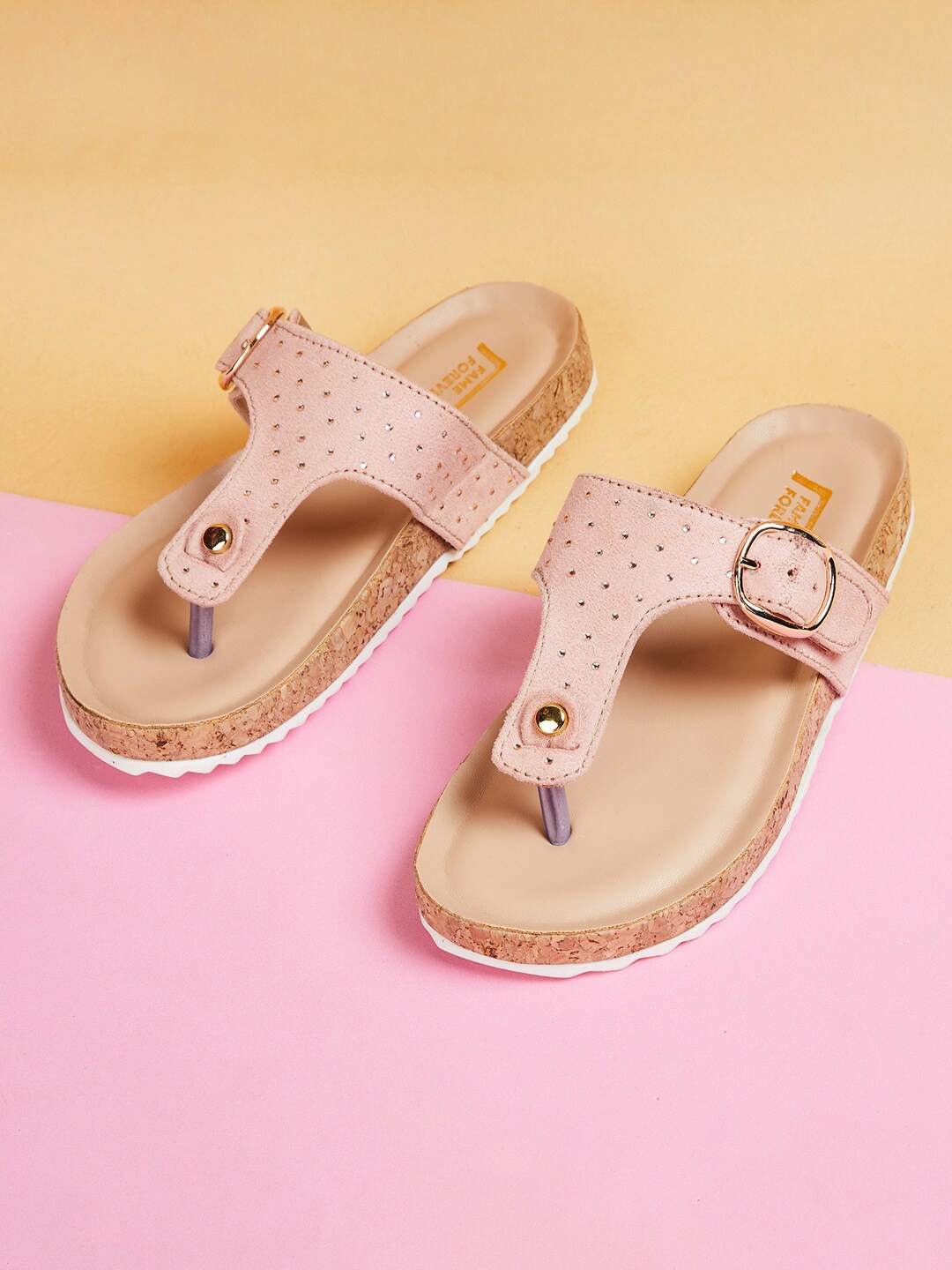 

Fame Forever by Lifestyle Girls Embellished T-Strap Flats With Buckle Detail, Pink