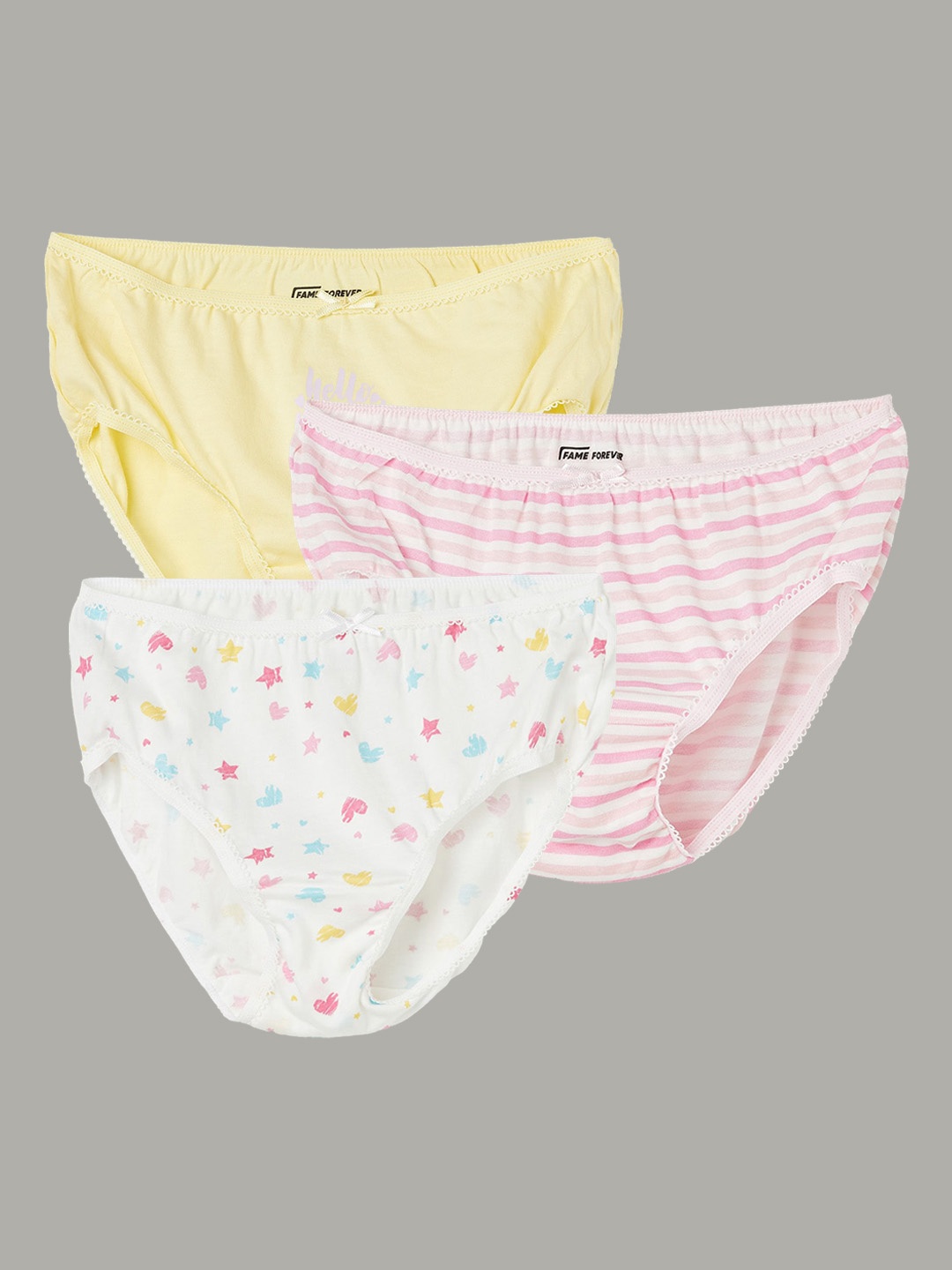 

Fame Forever by Lifestyle Girls Pack Of 3 Printed Pure Cotton Briefs, Yellow