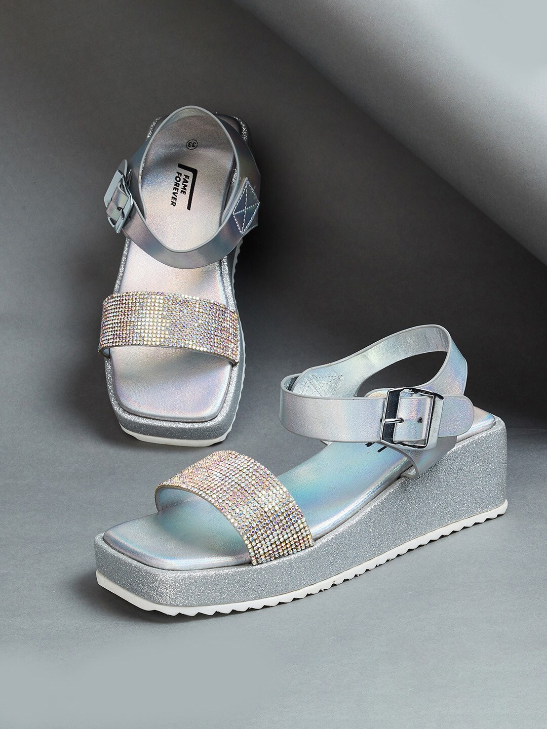 

Fame Forever by Lifestyle Girls Embellished Open Toe Wedges With Buckle Detail, Silver