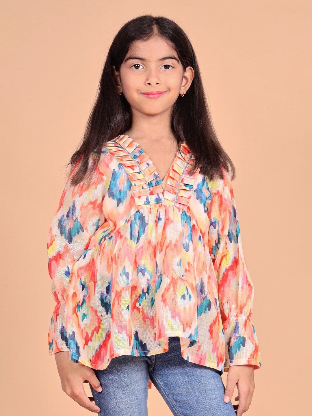 

BAESD Girls Geometric Printed Ruffled Linen A-Line Top, Beige