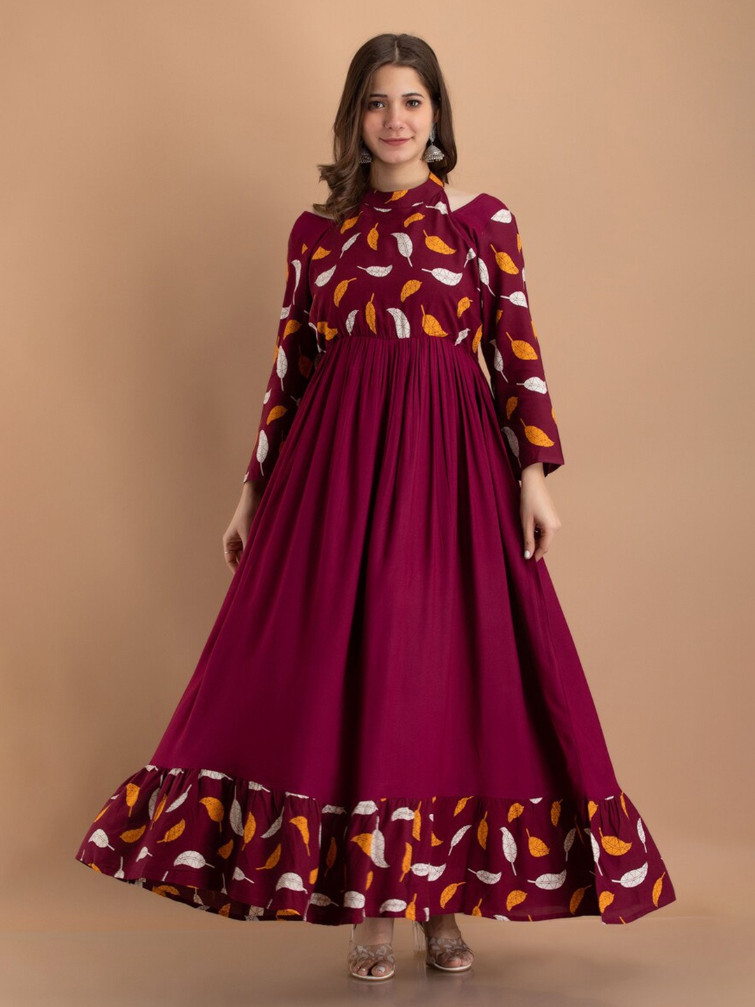 

DRESSAR Floral Printed Gathered Detail Maxi Dress, Maroon