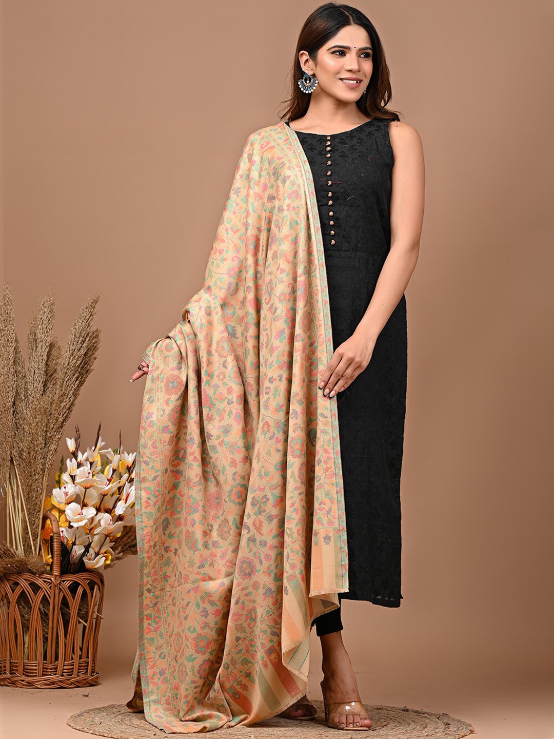 

KALINI Paisley Kanni Woven Design Fringed Border Shawl, Beige