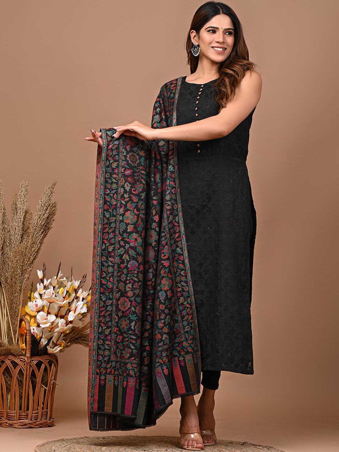 

KALINI Paisley Woven Design Kanni Work Shawl, Black