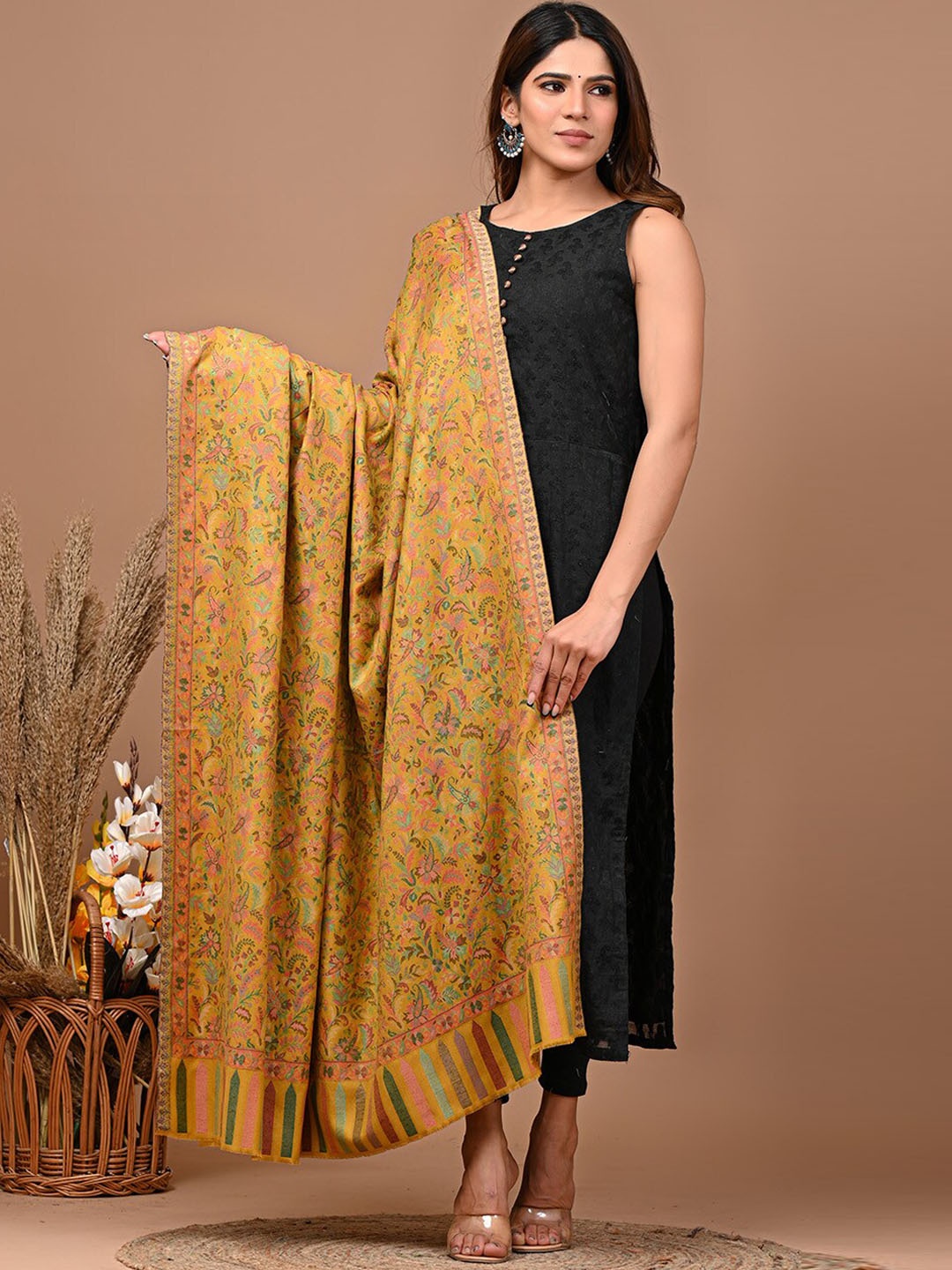 

KALINI Paisley Woven Design Kanni Work Shawl, Mustard