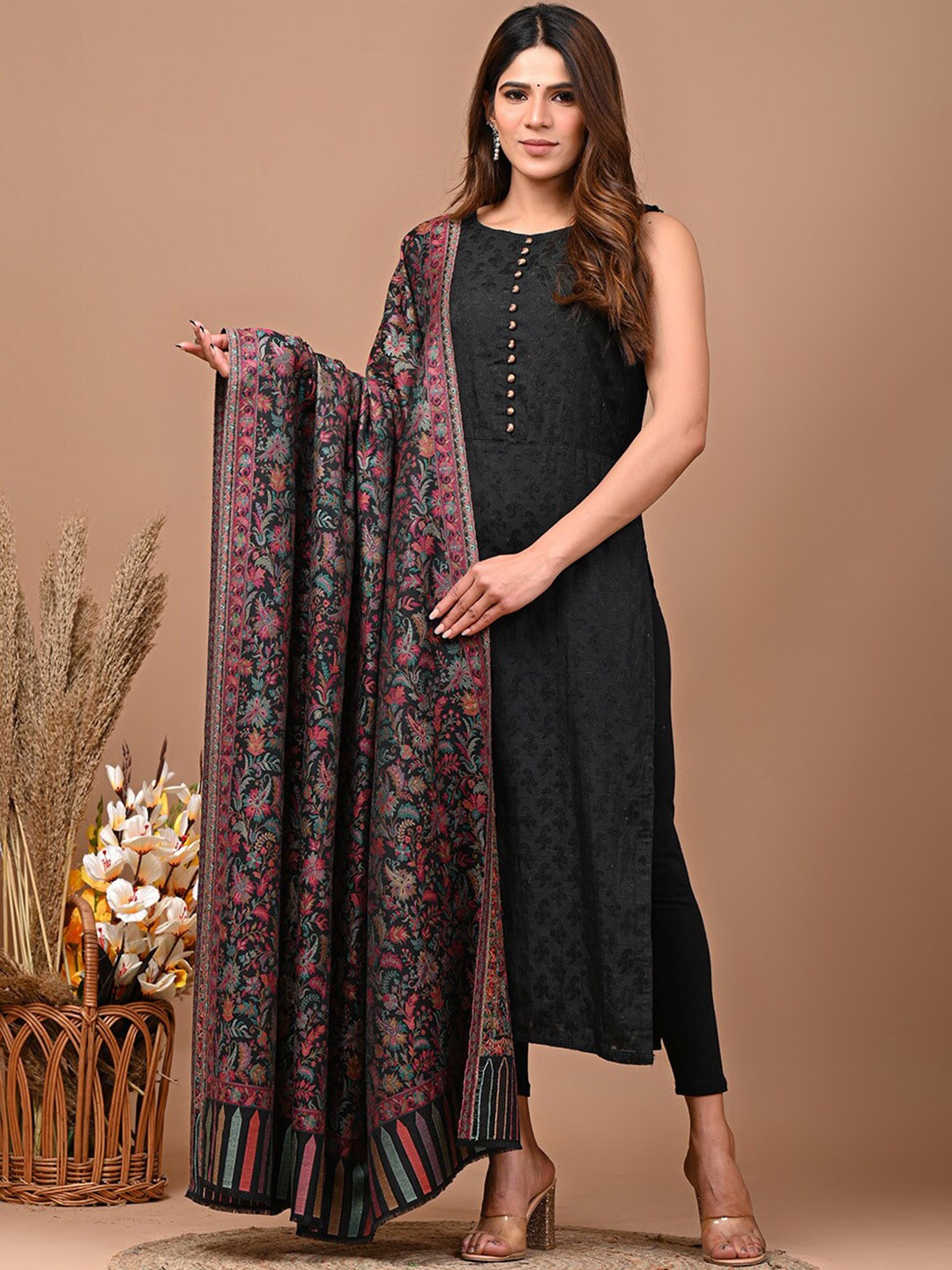 

KALINI Paisley Woven Design Kanni Work Shawl, Black