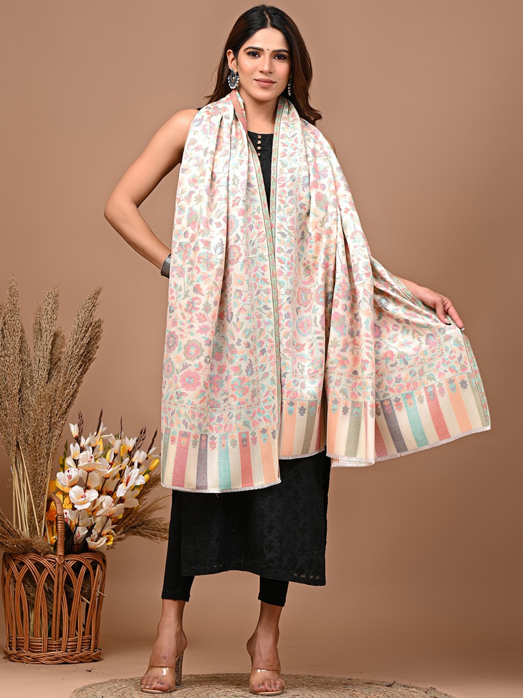 

KALINI Paisley Woven Design Kanni Work Shawl, Cream