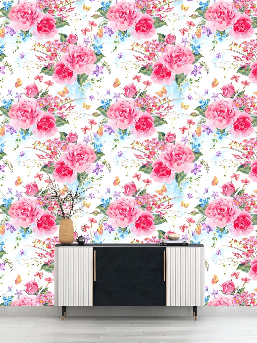 

DWELLSINDIA Pink & Green Rose Self Adhesive Wall Grain Textured Wallpaper