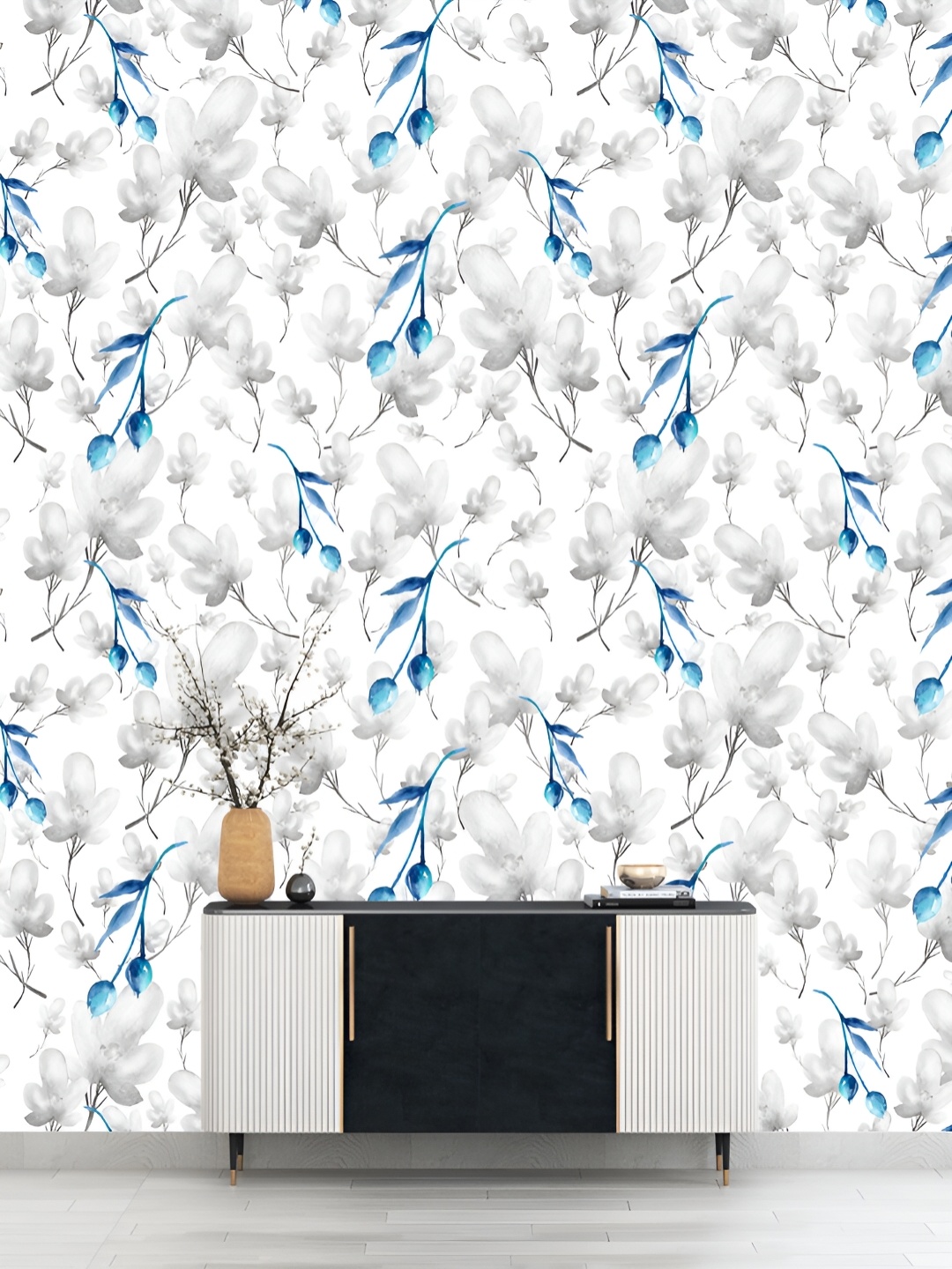 

DWELLSINDIA White & Blue Floral Self Adhesive Wall Grain Textured Wallpaper