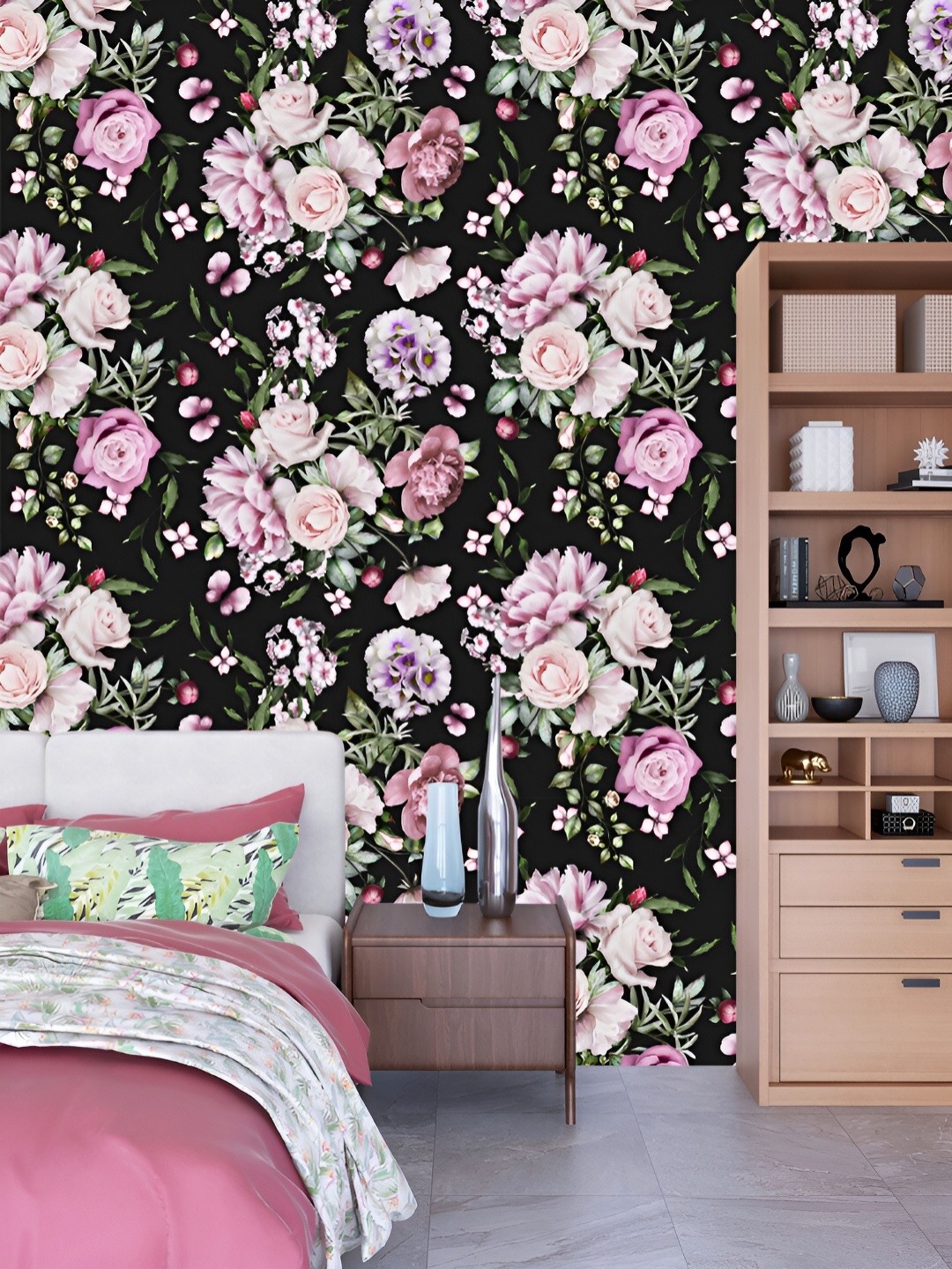 

DWELLSINDIA Black & Blue Flower Self-Adhesive Wall Grain Textured Wallpaper