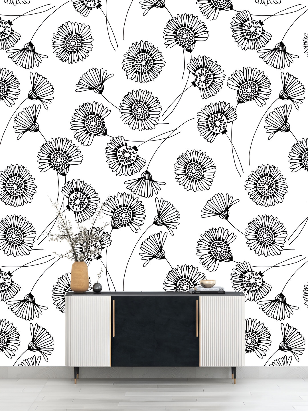 

DWELLSINDIA White & Black Floral Pattern Self Adhesive Waterproof Removable Wallpaper