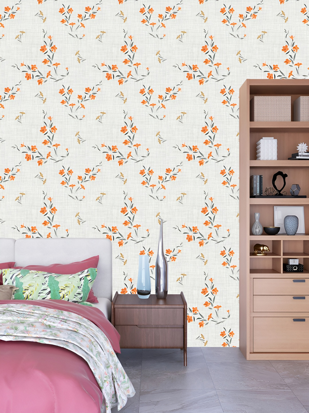 

DWELLSINDIA Off White & Orange Floral Pattern Self Adhesive Waterproof Removable Wallpaper