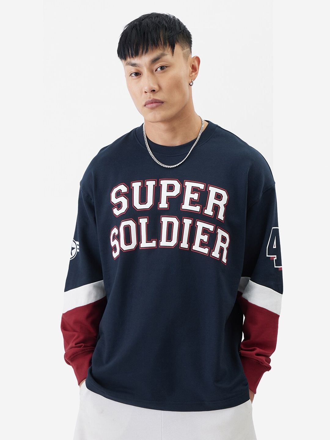

The Souled Store Navy Blue Typography Printed Pure Cotton Oversized T-Shirt
