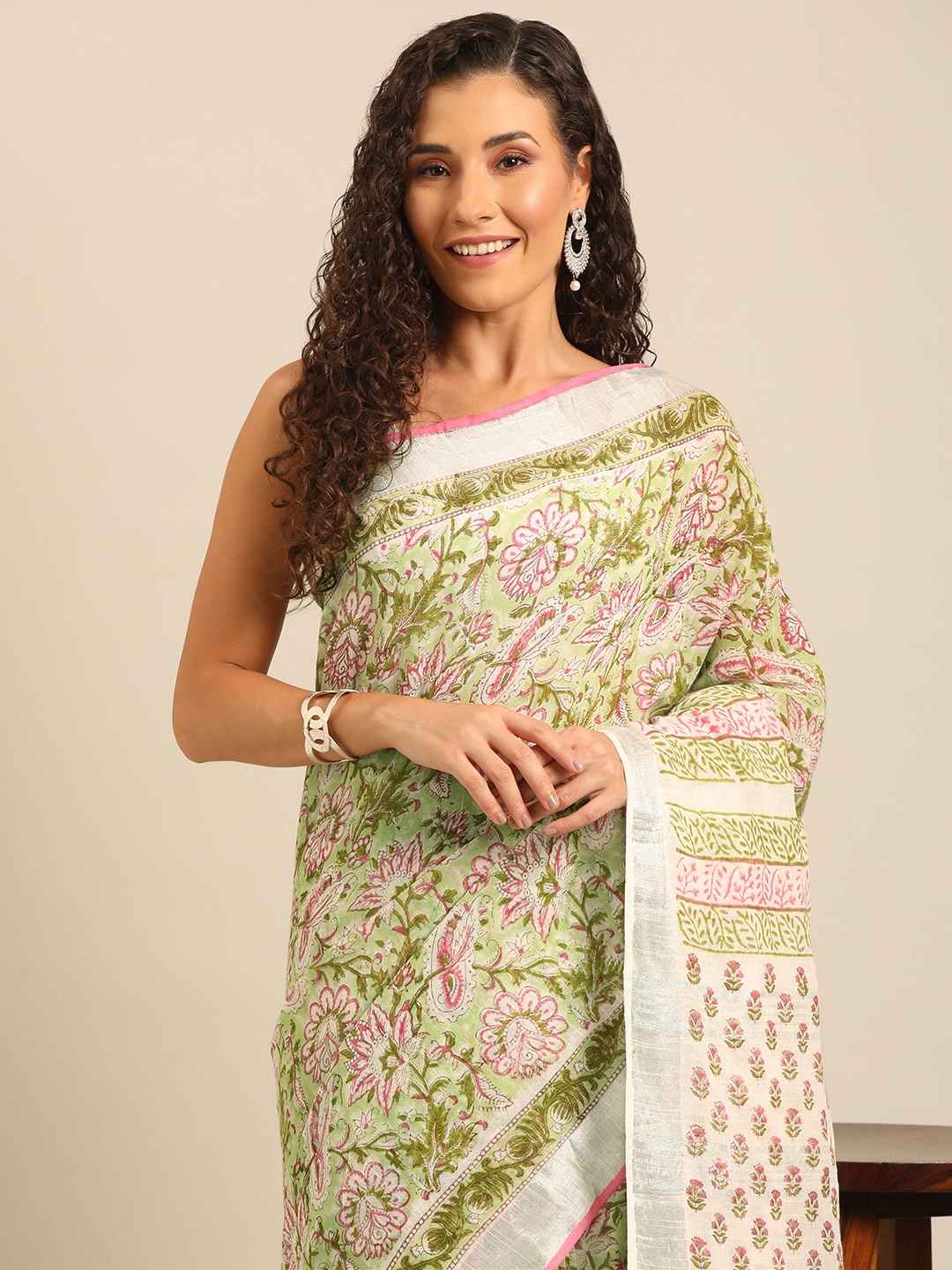 

Isadora Life Batik Printed Zari Ready to Wear Bhagalpuri Saree, Green