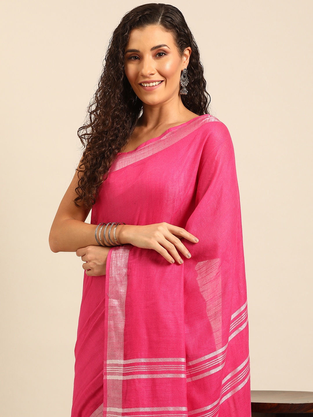 

Isadora Life Solid Zari Ready to Wear Bhagalpuri Saree, Pink