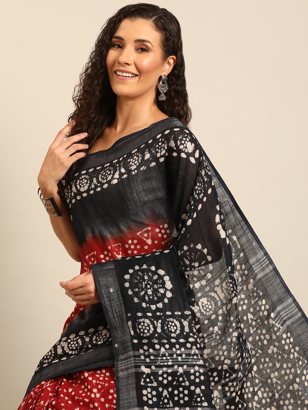 

Isadora Life Batik Printed Ready to Wear Block Print Saree, Red