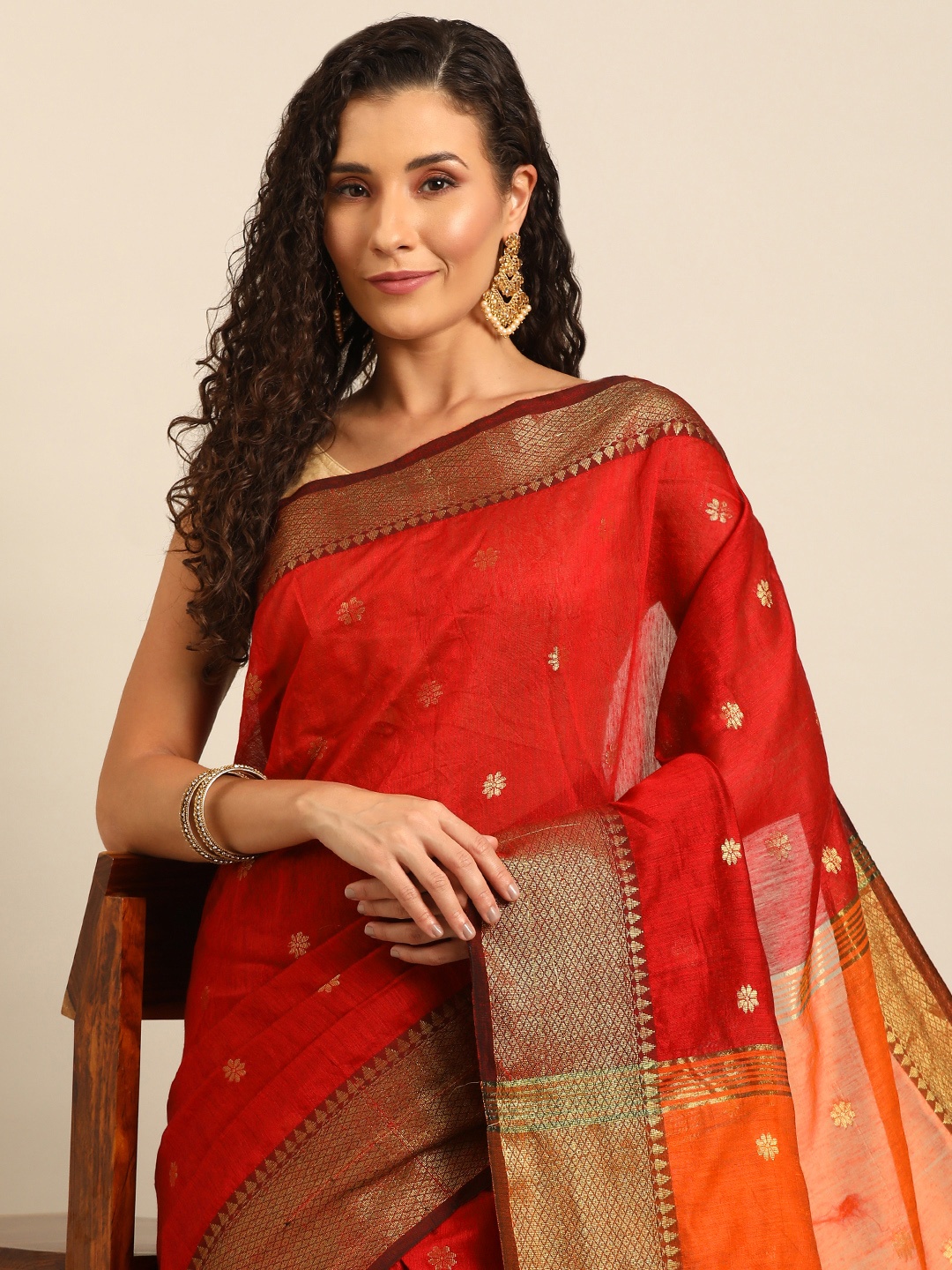 

Isadora Life Ethnic Motifs Woven Design Zari Ready to Wear Bhagalpuri Saree, Red
