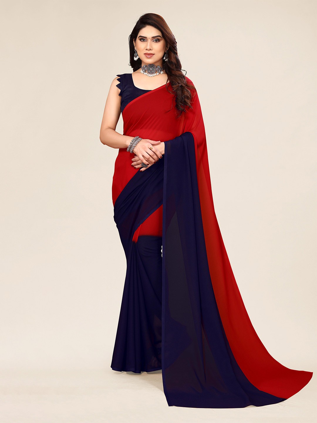 

ANAND SAREES Colourblocked Pure Georgette Saree, Red