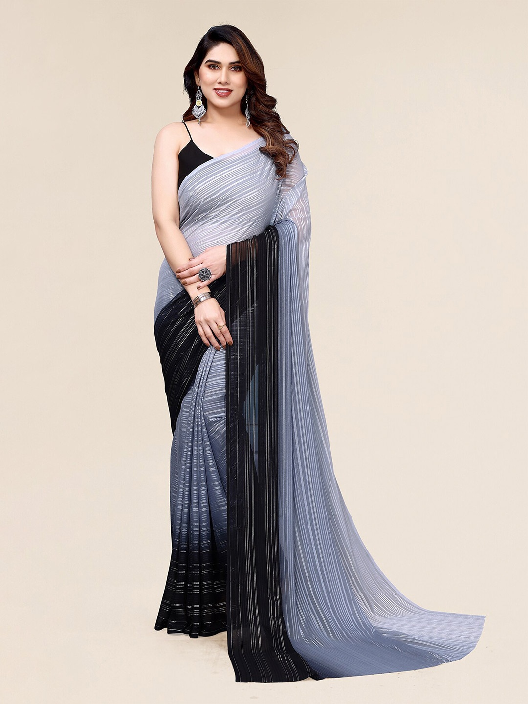 

Moda Rapido Striped Satin Saree, Grey