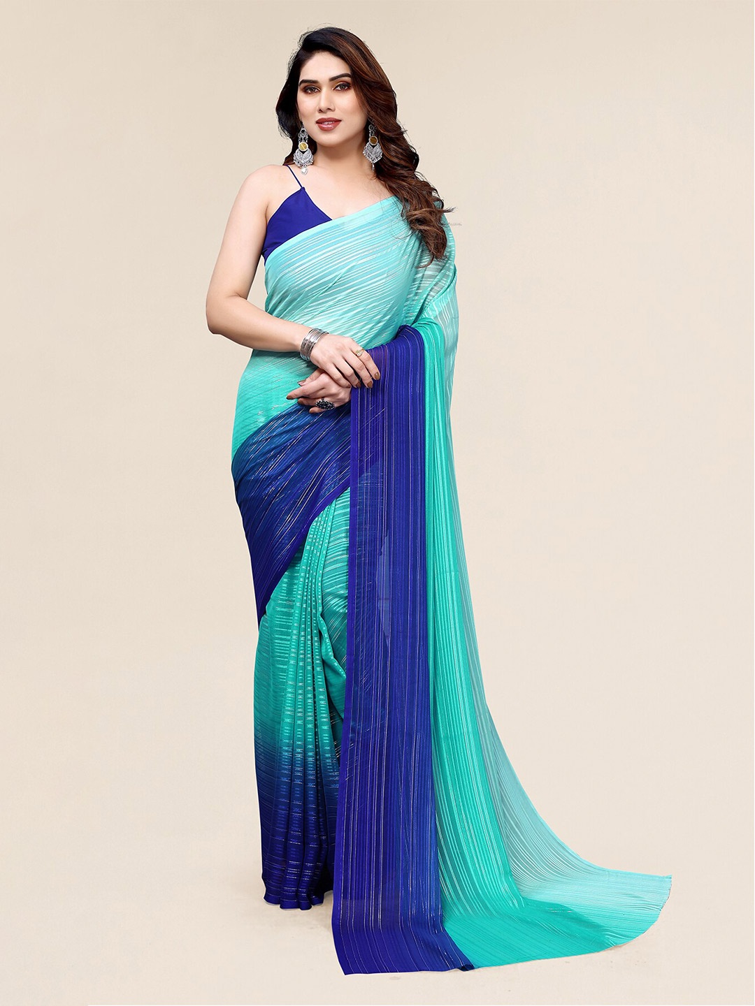 

Moda Rapido Colourblocked Satin Saree, Blue