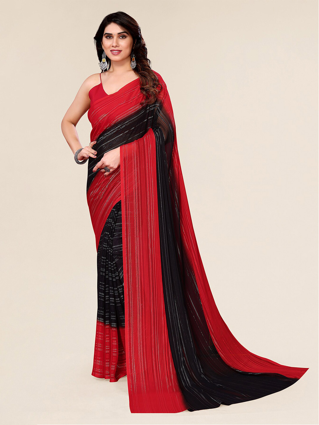 

ANAND SAREES Striped Satin Saree, Red