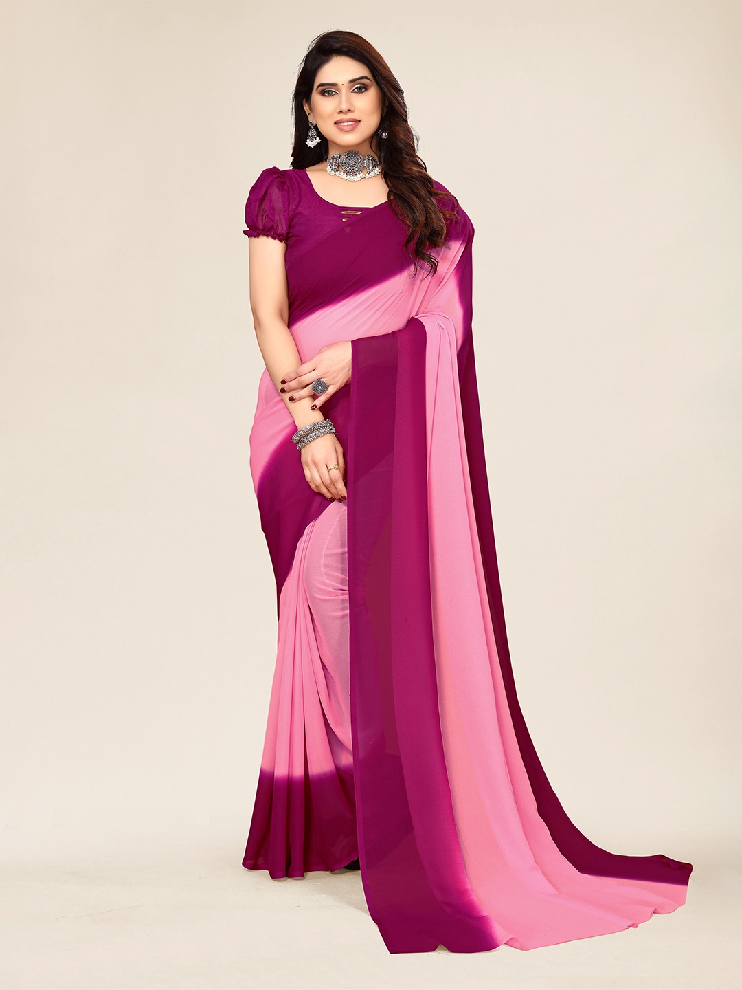 

ANAND SAREES Colourblocked Pure Georgette Saree, Pink