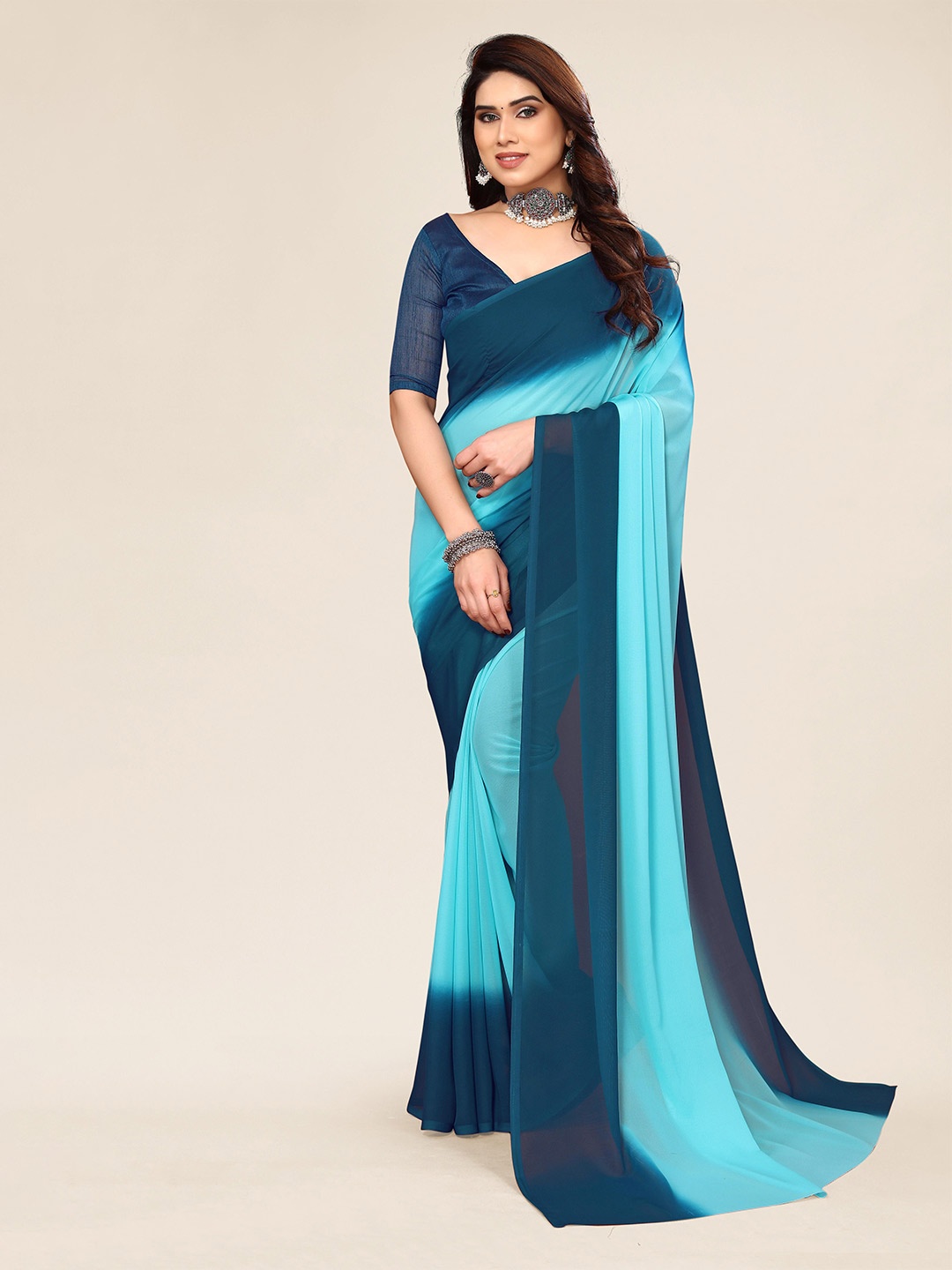 

ANAND SAREES Colourblocked Pure Georgette Saree, Blue