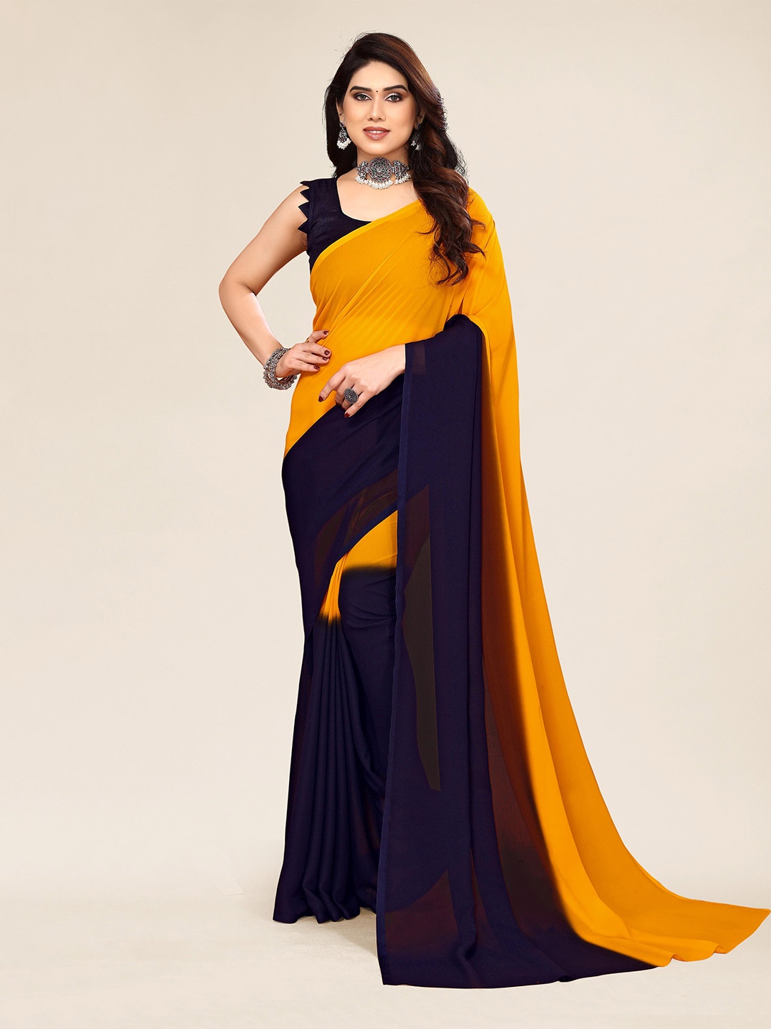 

KALINI Colourblocked Pure Georgette Saree, Yellow