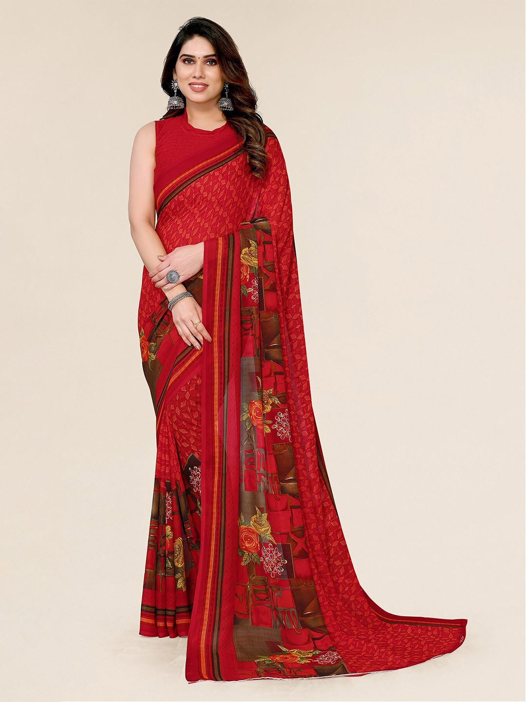 

ANAND SAREES Geometric Printed Pure Georgette Saree, Red