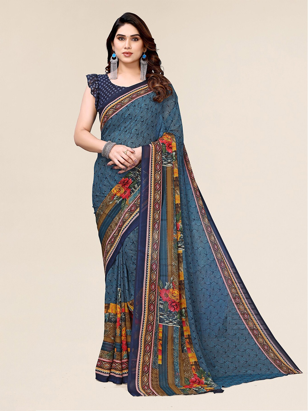 

ANAND SAREES Geometric Printed Pure Georgette Saree, Blue