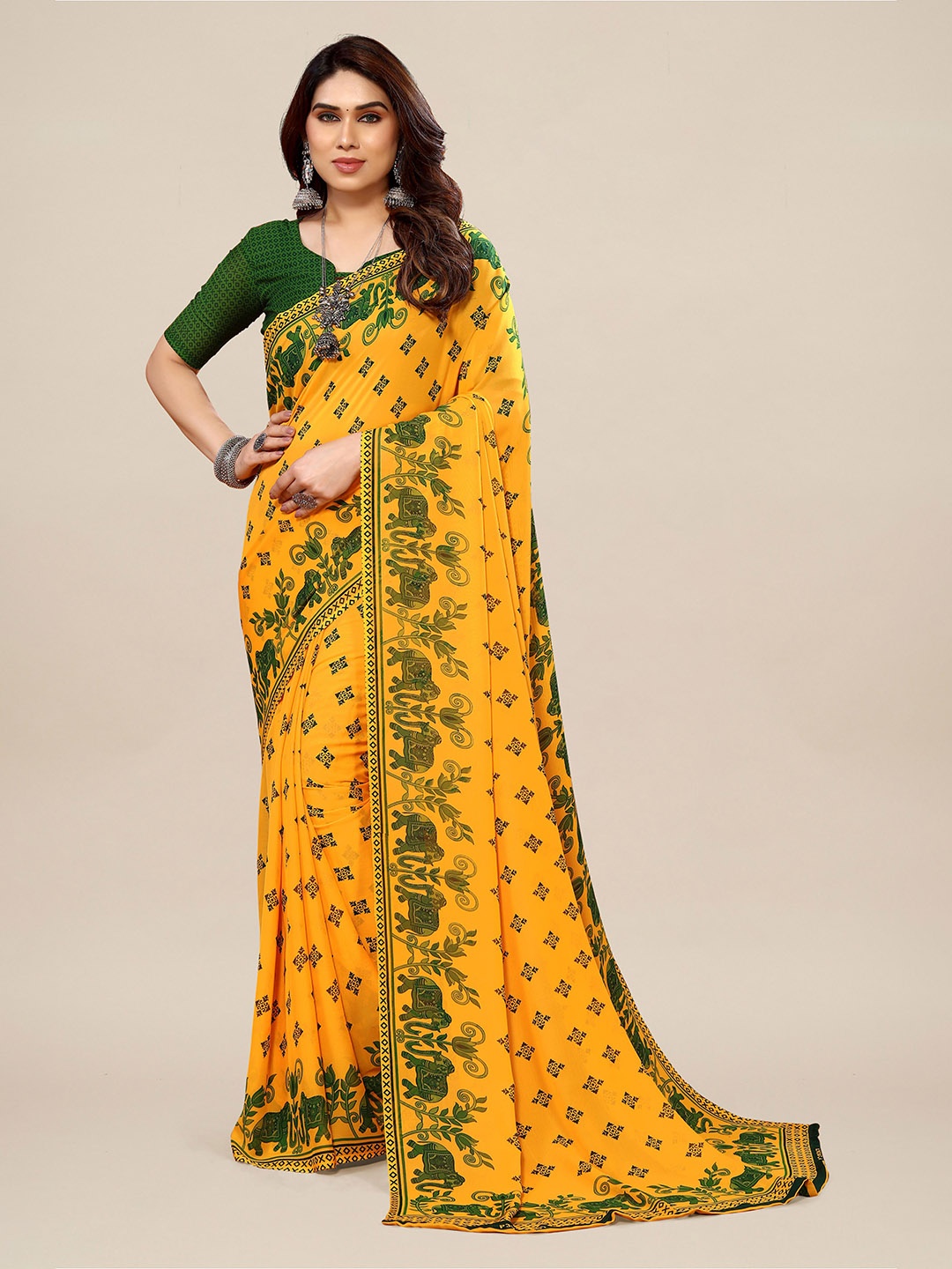 

Moda Rapido Ethnic Motifs Printed Pure Georgette Saree, Yellow