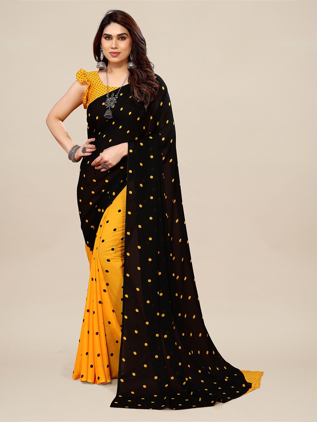 

Moda Rapido Polka Dot Printed Pure Georgette Half & Half Saree, Yellow
