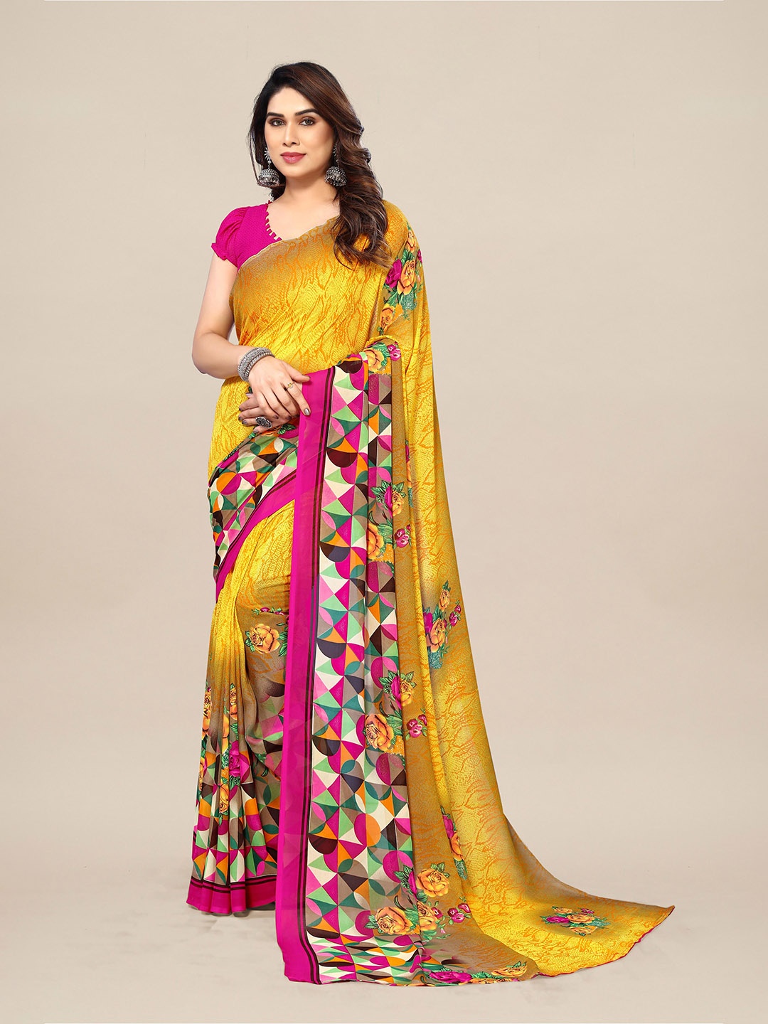 

Moda Rapido Floral Printed Pure Georgette Saree, Yellow
