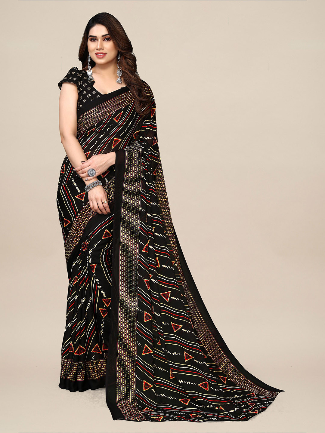 

ANAND SAREES Geometric Printed Pure Georgette Saree, Black