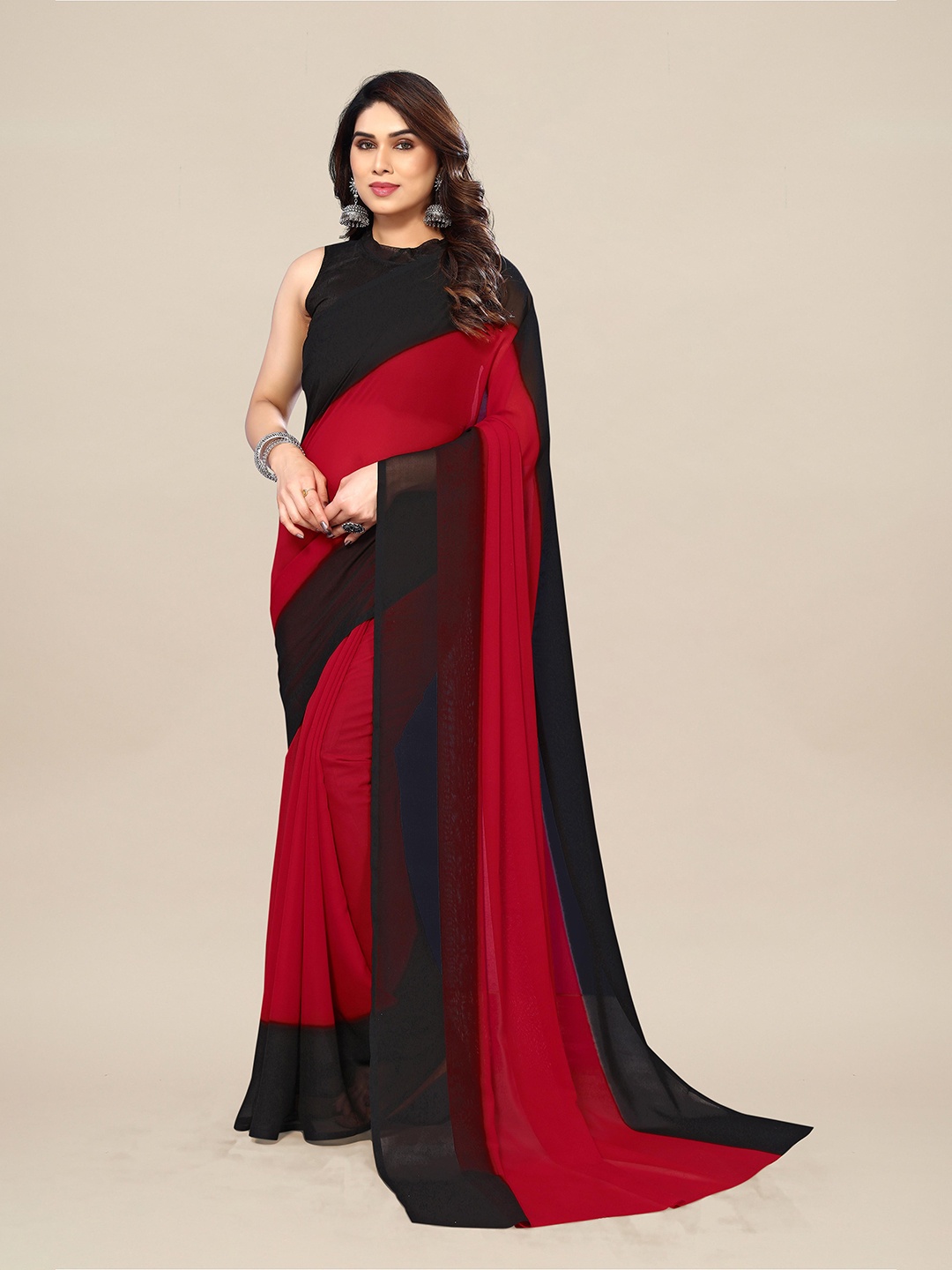 

ANAND SAREES Colourblocked Pure Georgette Saree, Red