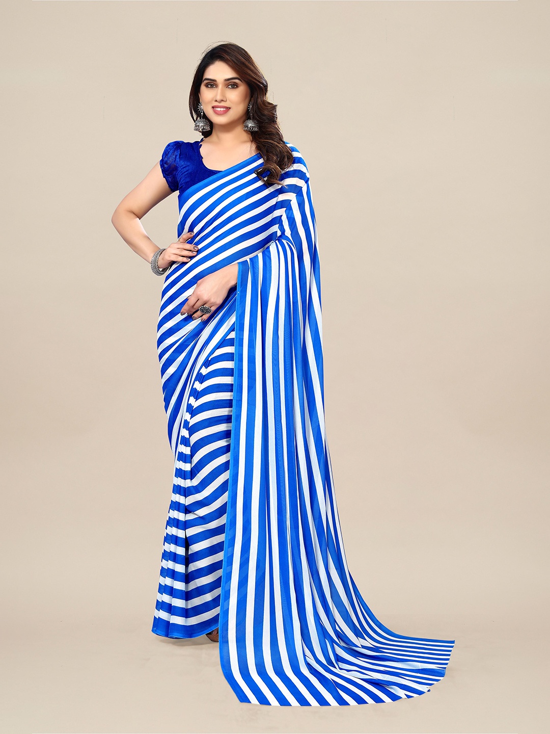 

Moda Rapido Striped Pure Georgette Saree, Blue