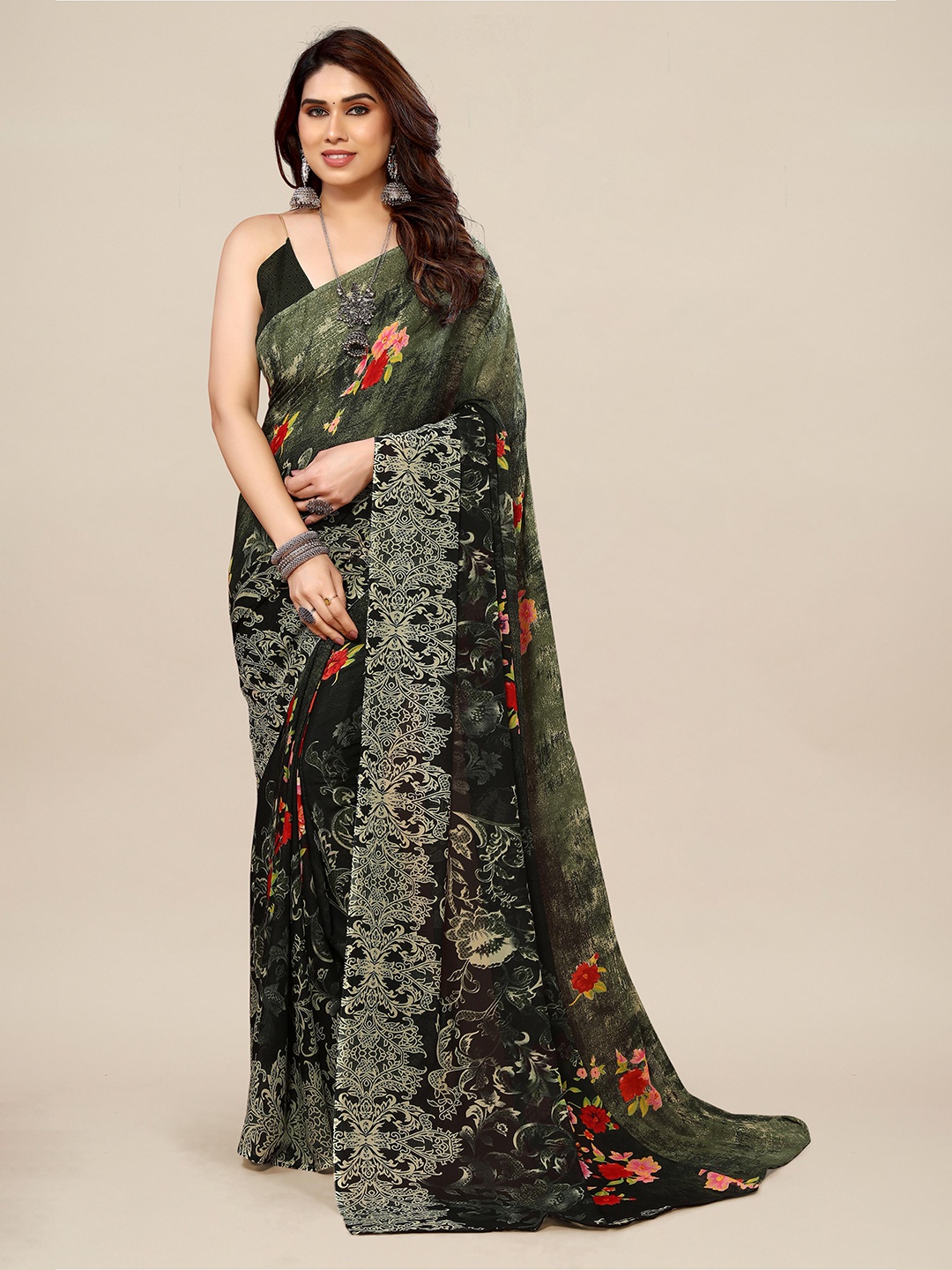 

Moda Rapido Floral Printed Pure Georgette Saree, Green