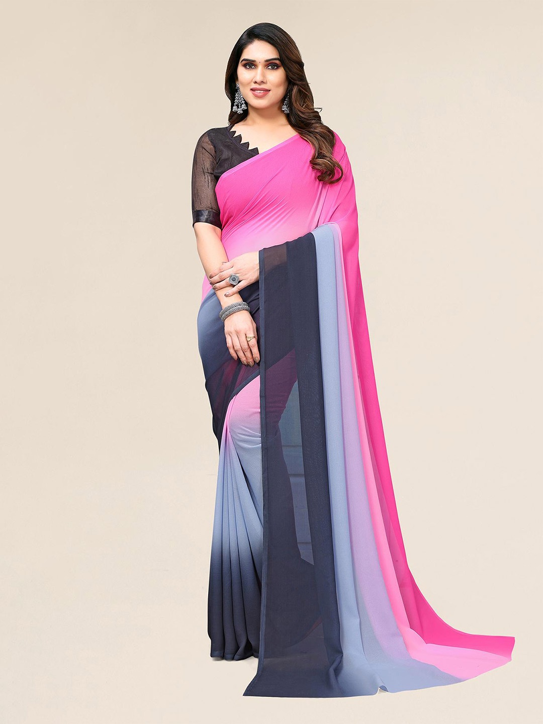 

Moda Rapido Colourblocked Pure Georgette Saree, Pink